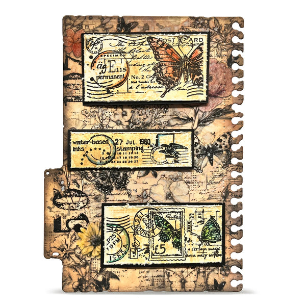 Decorative wall art with vintage-style postcard designs and butterfly illustrations on a white background.