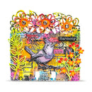 Colorful art piece with a bird and floral elements on a white background