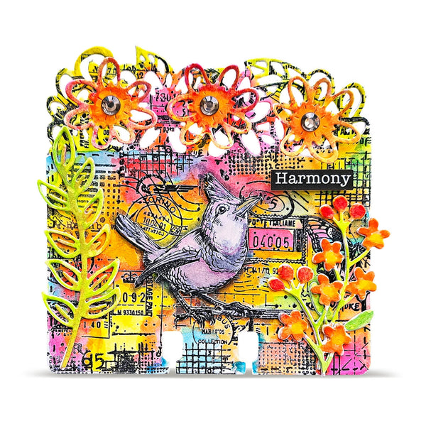 Colorful art piece with a bird and floral elements on a white background