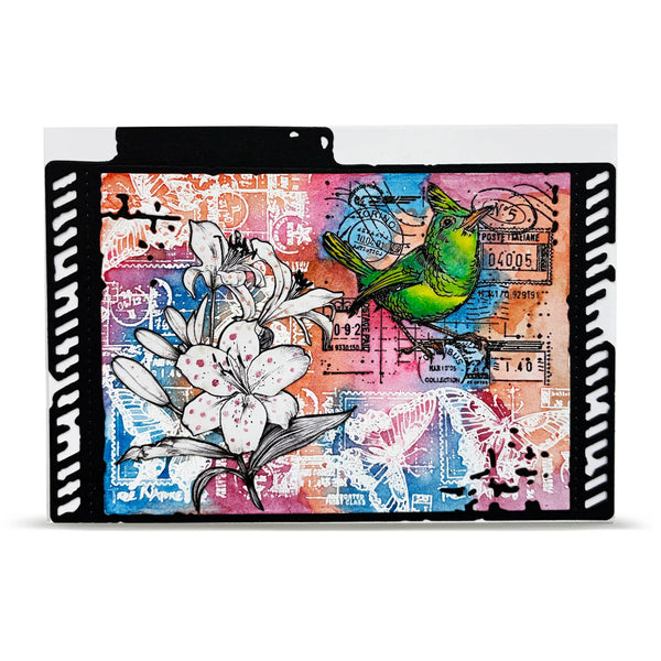 Decorative folder with floral and bird design on a colorful background