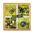 Decorative postcard with vintage-style stamps featuring birds and butterflies on a green background.