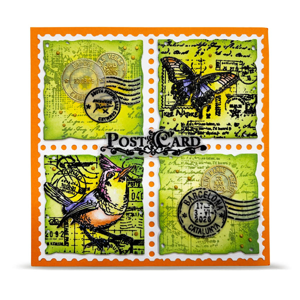 Decorative postcard with vintage-style stamps featuring birds and butterflies on a green background.