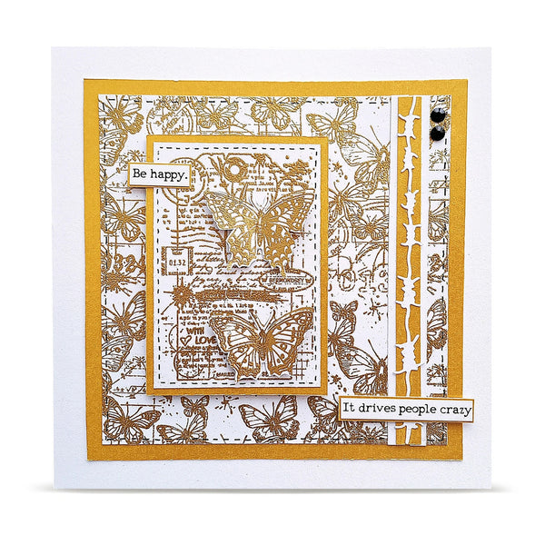 Decorative card with butterfly patterns and text on a white background