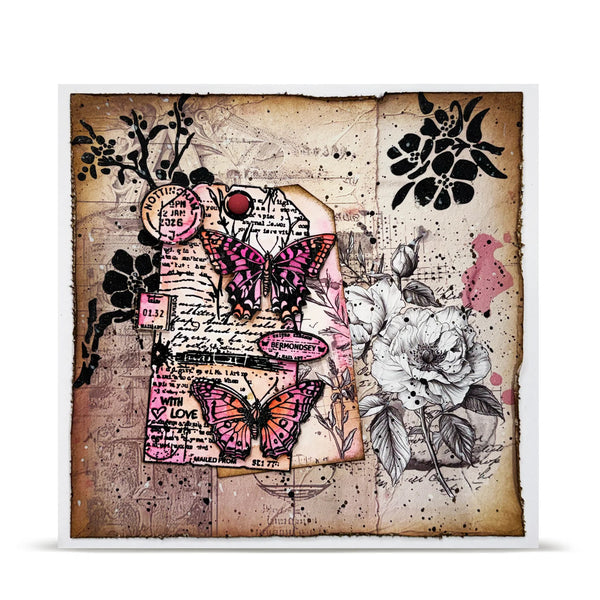 Artistic collage with butterflies, flowers, and text on a textured background