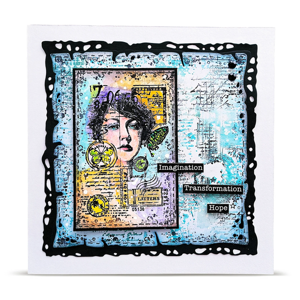 Artistic card with a stylized portrait and text on a textured background