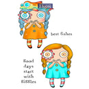 Two cartoon girls with fish-themed hairstyles and colorful outfits on a white background.