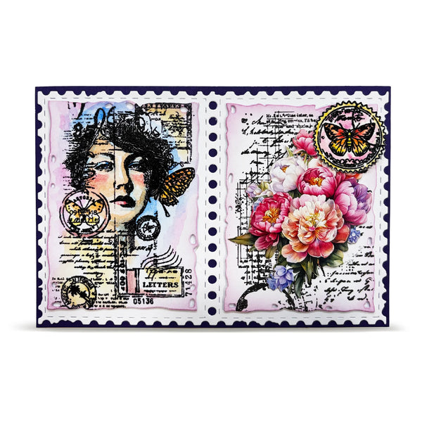 Decorative postcard with a woman's face, flowers, and butterflies on a white background