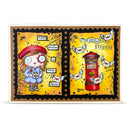 Illustrated postcard with a girl and a red mailbox on a yellow background