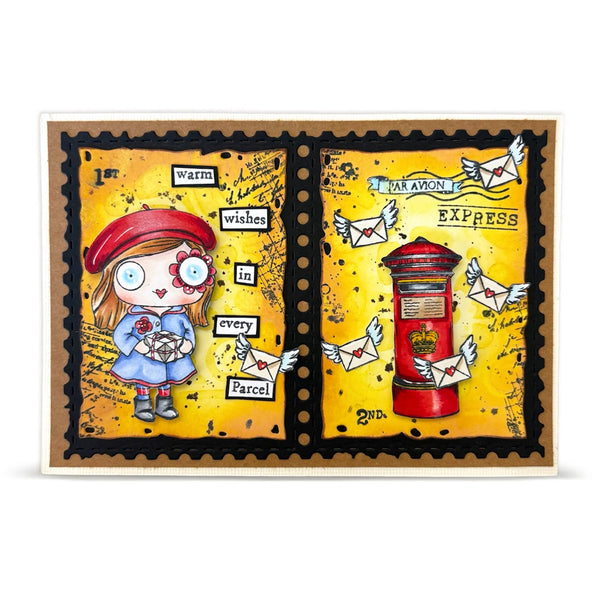 Illustrated postcard with a girl and a red mailbox on a yellow background