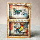 Decorative card with butterfly and bird illustrations on a textured background