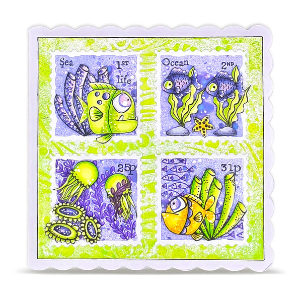 Set of four colorful postage stamps with sea-themed designs on a white background.