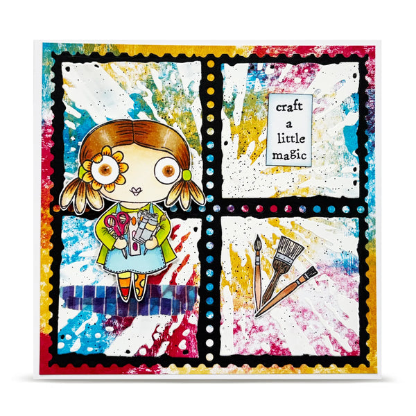 Colorful art print with a girl holding a heart and paintbrush, and text 'craft a little magic'.