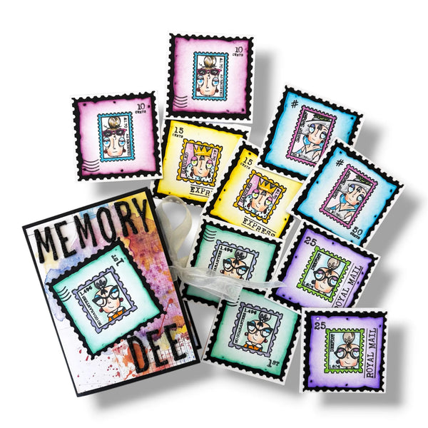Colorful card with postage stamp designs and 'Memory' text on a white background