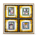 Four stylized postage stamps with cartoon characters on a decorative border.