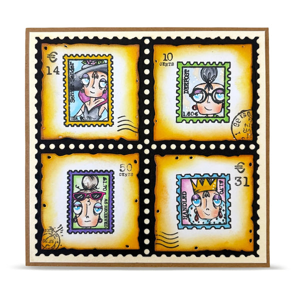 Four stylized postage stamps with cartoon characters on a decorative border.
