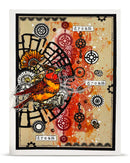 Artistic card with a bird illustration, gears, and 'dream' text on a textured background.