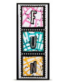 Decorative wall art with colorful letters 'F', 'U', and 'N' on a white background