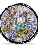 Circular artwork with a stylized character, flowers, and clocks on a decorative background.
