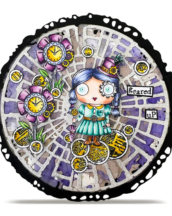Circular artwork with a stylized character, flowers, and clocks on a decorative background.