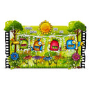 Colorful children's book cover with cartoon characters, trees, and flowers on a white background