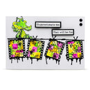 Card with a cartoon alligator and colorful stamps on a white background