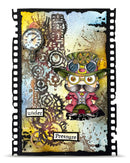 Artistic design with a character wearing goggles and a hat, surrounded by gears and a pressure gauge.
