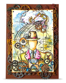 Steampunk-themed artwork with gears, a brain, and a person in a hat.