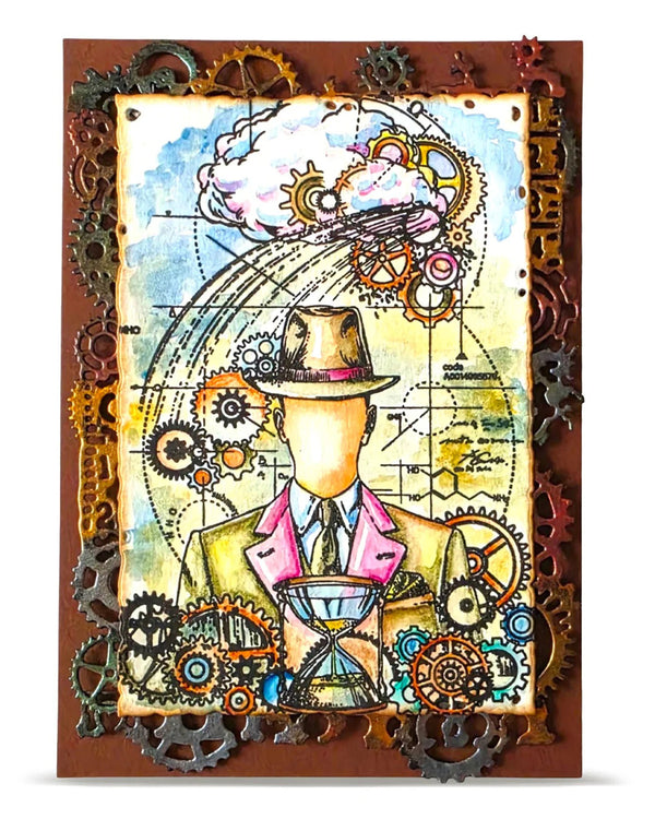 Steampunk-themed artwork with gears, a brain, and a person in a hat.