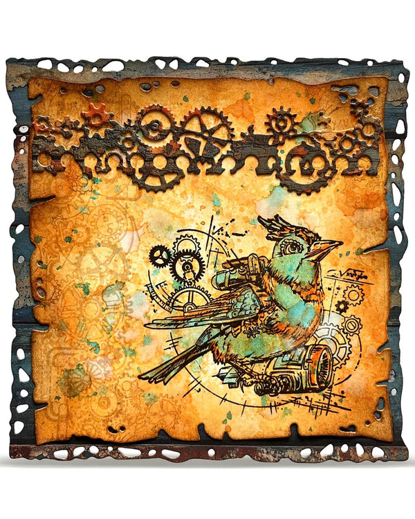 Decorative wall art with a steampunk-style bird and gears on an orange background.
