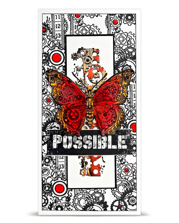 Decorative card with butterfly design and 'POSSIBLE' text on a white background