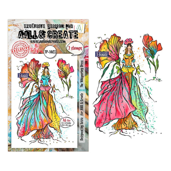 Aall & Create stamp set with colorful illustration of a woman in a dress and flowers.