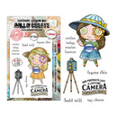 Illustration of a girl with a camera and text about portraits and prints on a white background.