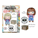 Stamp set packaging with character illustration and text on a white background