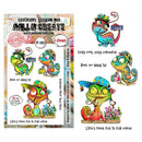 Colorful stamp set with chameleon-like characters and packaging from Aall & Create.