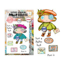 Stamps with a cute character design and text on a white background