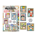 Collection of colorful postage stamps with artistic designs on a white background