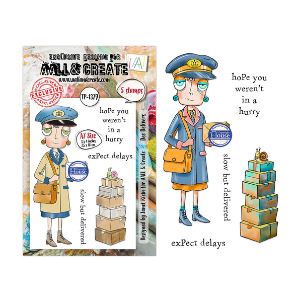 Illustration of a postal worker character with text and boxes, featuring Aall & Create stamps.