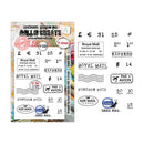 Collection of postage stamps and mail labels with various designs and text on a white background.
