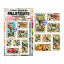 Collection of vintage-style stamps with nature and vehicle designs, featuring 'All & Create' branding.