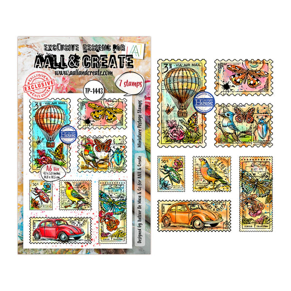 Collection of vintage-style stamps with nature and vehicle designs, featuring 'All & Create' branding.