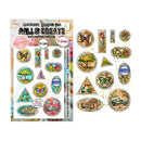 Collection of decorative stamps with various designs on a white background
