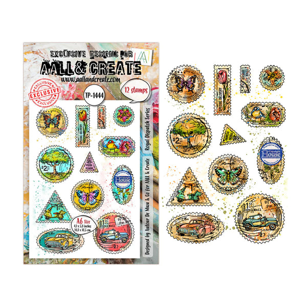 Collection of decorative stamps with various designs on a white background