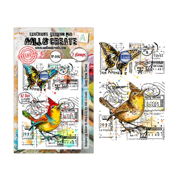 Two stamp sets with birds and butterflies on a white background