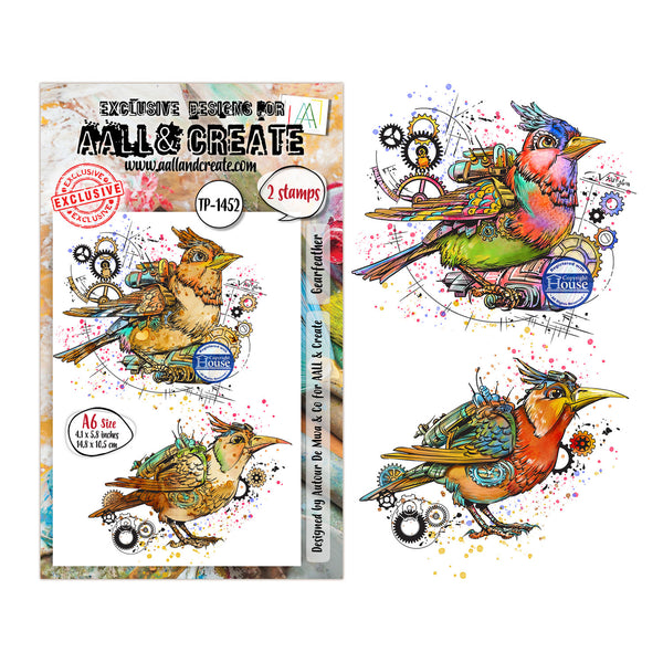 Decorative stamps with steampunk-style birds on a white background