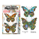 Butterfly-themed stamp set with colorful designs on a white background