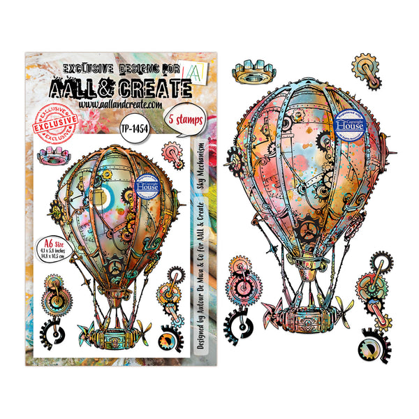 Decorative stamp set with steampunk hot air balloon design on a white background