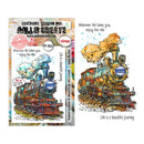 Leverage stamp set with steam locomotive design and 'AALL & Create' branding.