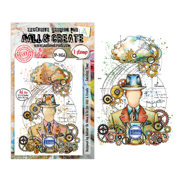 All & Create stamp set packaging with steampunk-themed design on a white background