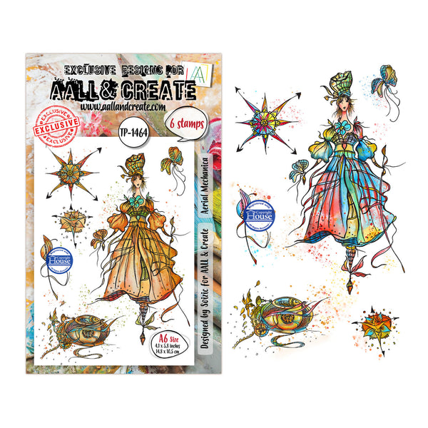 Mall & Create stamp set packaging with colorful illustrations of a woman in a dress and star-like designs.
