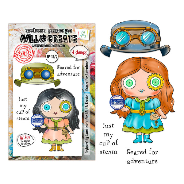 Steampunk-themed stamp set with characters and accessories on a white background